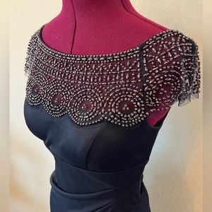 Formal navy chiffon beaded cocktail dress